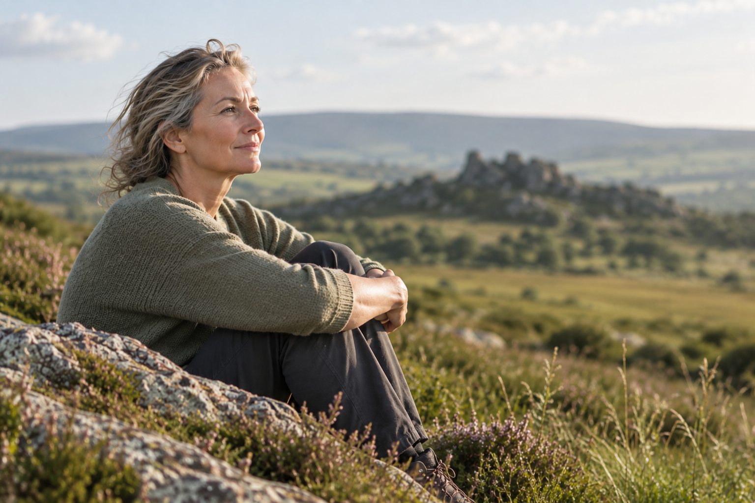 Woman sitting outdoors in the Devon countryside